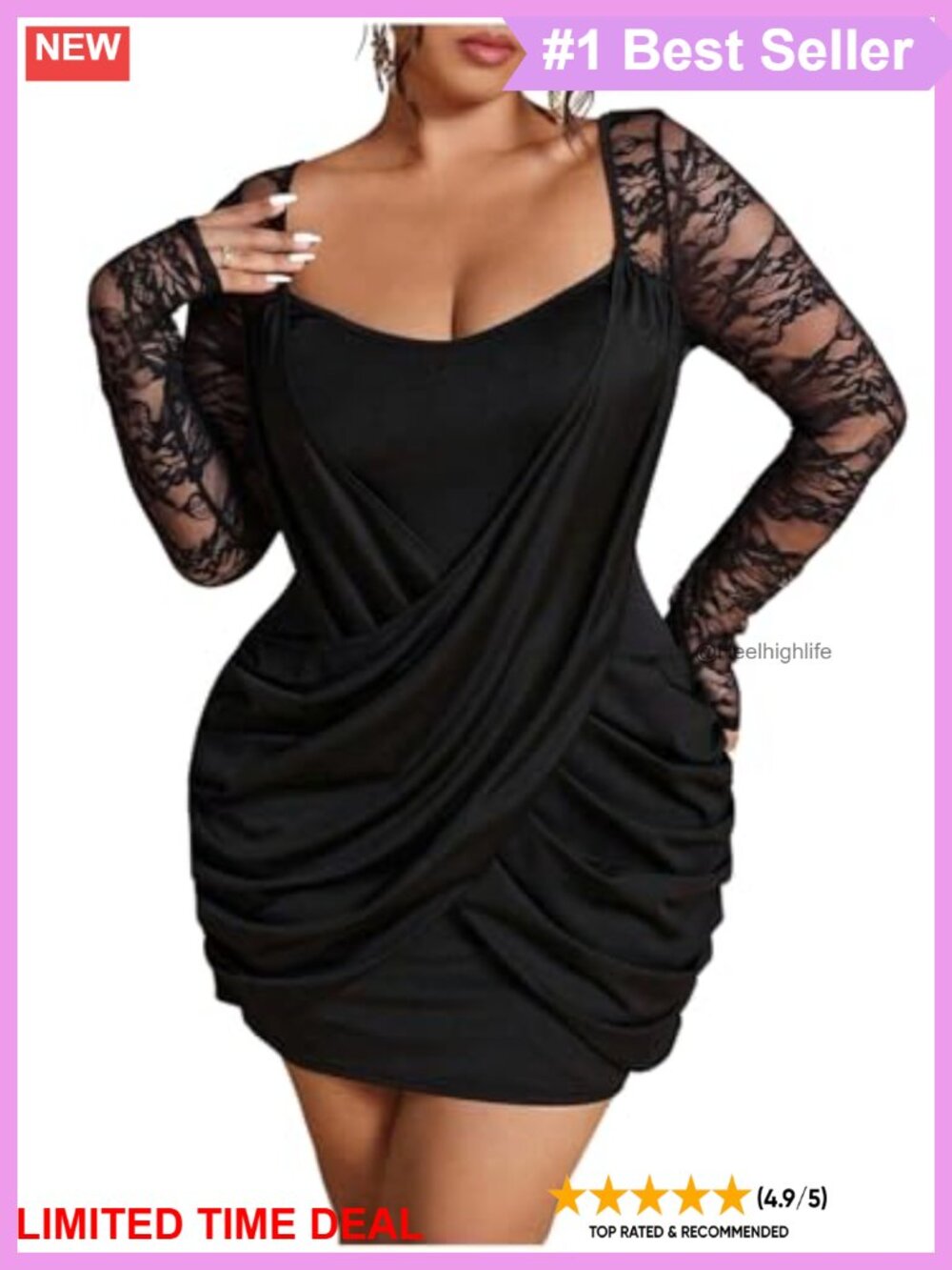 Plus Size Lace Criss Cross Wrap Ruched Bodycon Mini Dress Long Sleeve